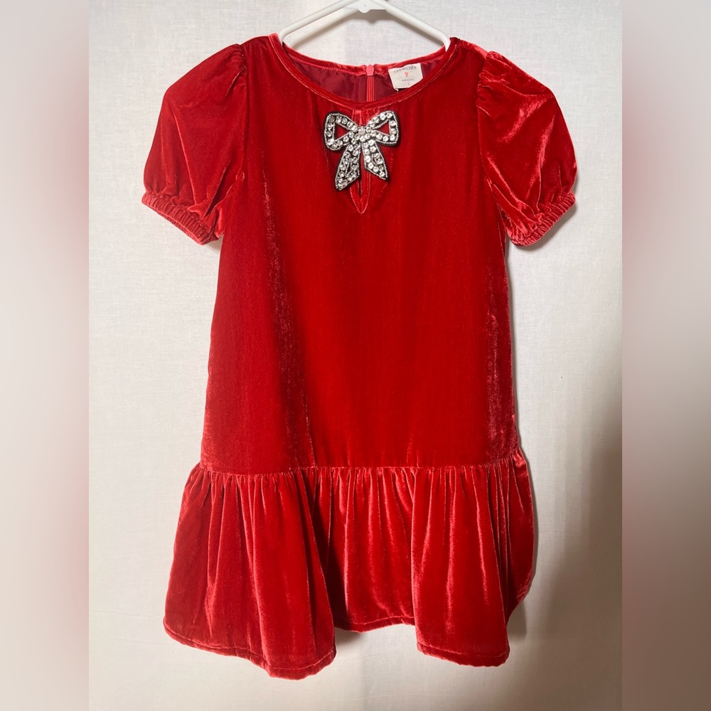 Crewcuts Red Velvet Holiday Dress with Jeweled Bow